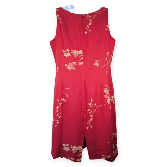 Jones New York red tan pink floral silk linen sheath dress Womens 14 - Picture 2 of 8
